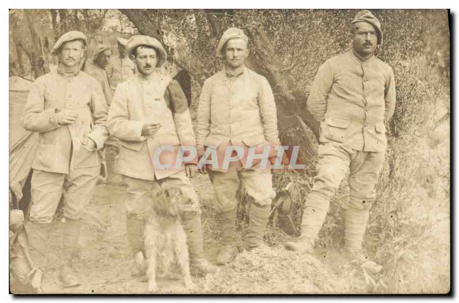 Soldats en tenue de campagne — avec chien — éditeur inconnu, n° de série non visible