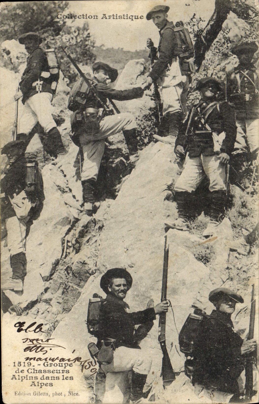Groupe de Chasseurs Alpins dans les Alpes — Collection Artistique — Edition Giletta, phot. Nice, n°459