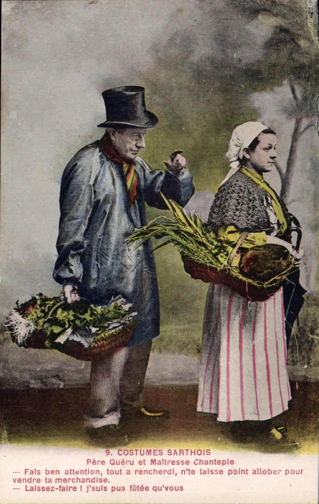 CPA Folklore Costumes Sarthois Pere Queru et Maitresse Chantepie 