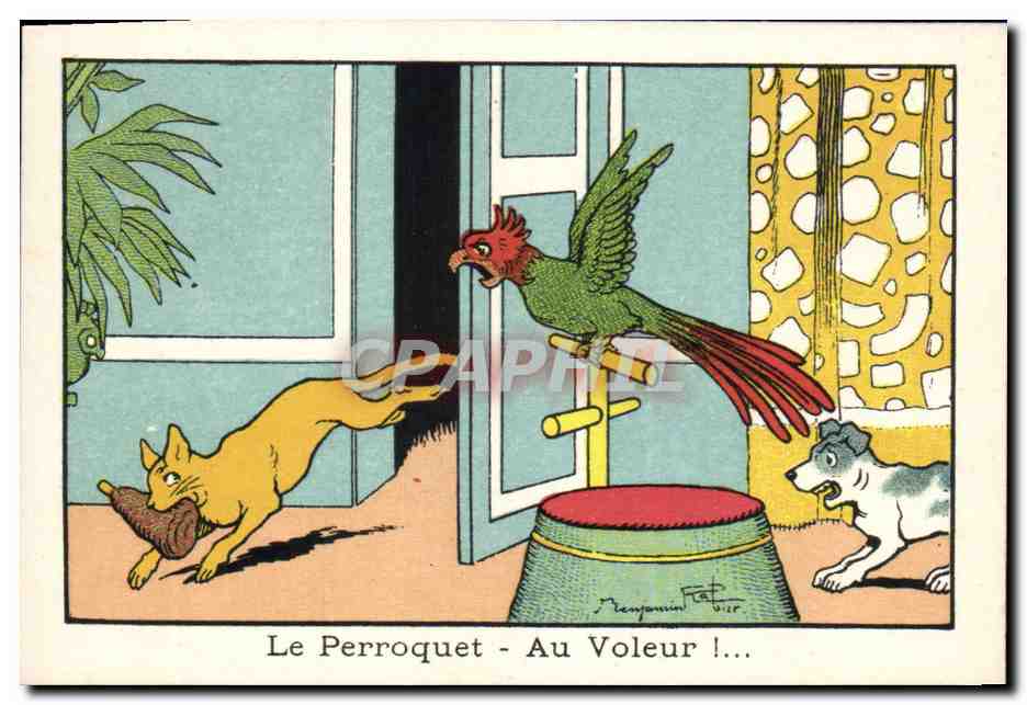 Chromo Bledine Le perroquet Au voleur Chien 