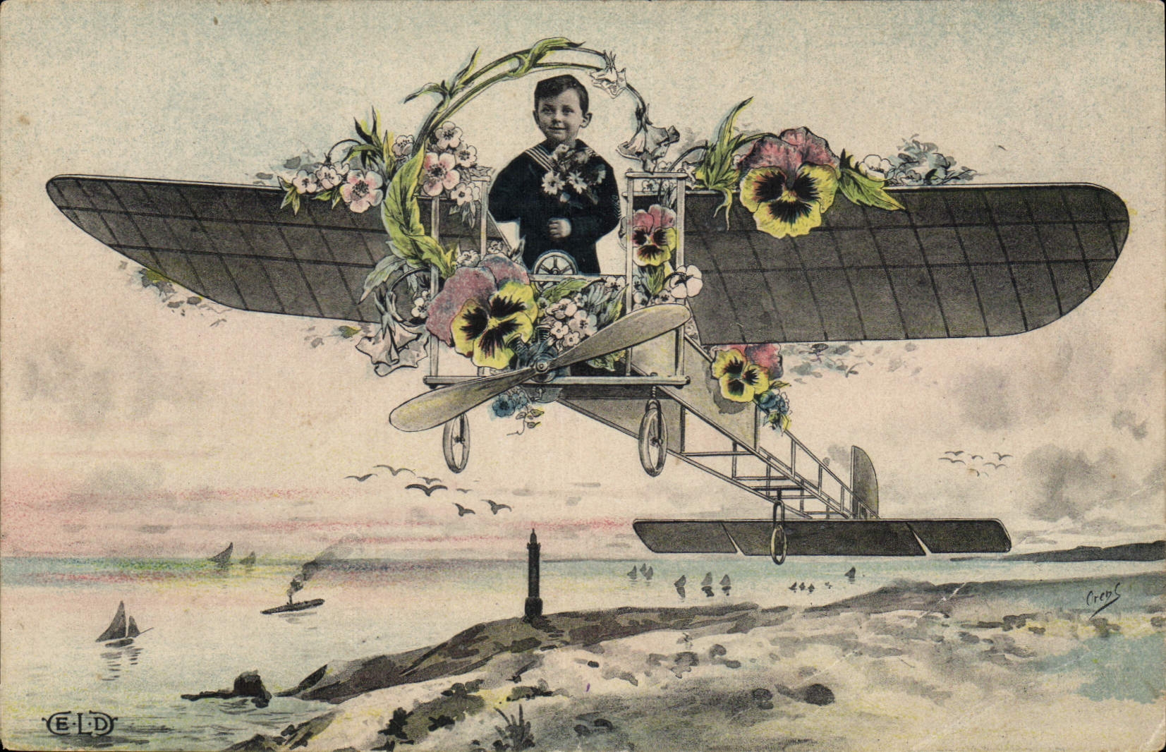CPA Fantaisie Illustrateur Enfant Avion Aviation 