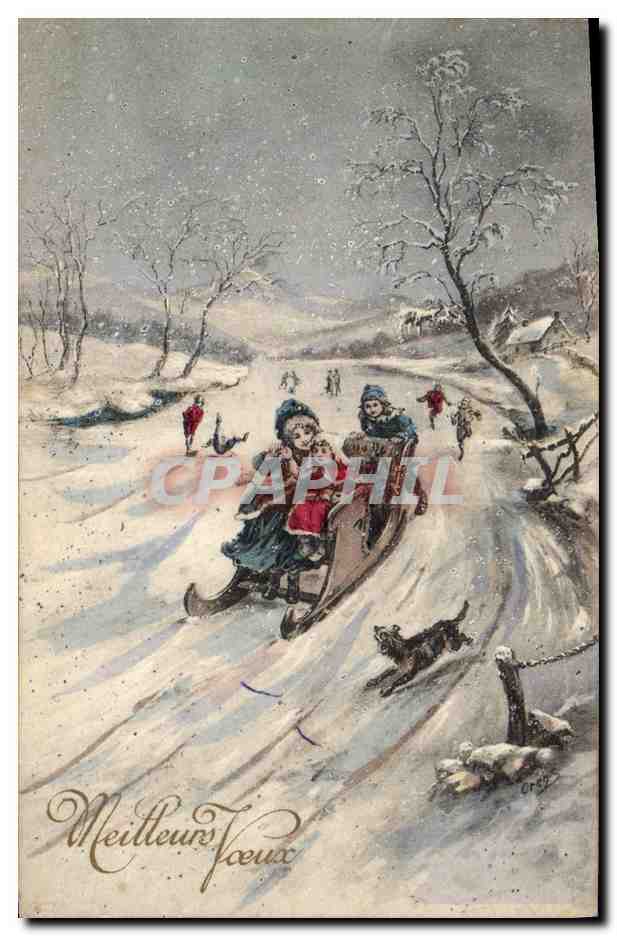 CPA Fantaisie Illustrateur Enfants Luge Chien 