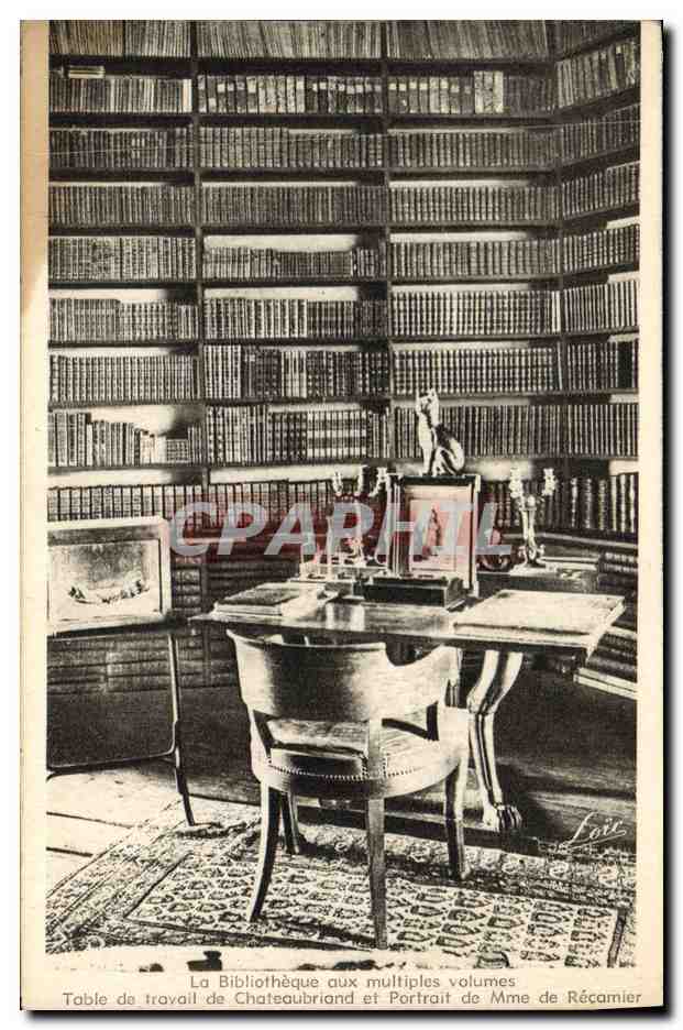 CPA Bibliotheque aux multiples volumes Table de travail de Chateaubriand et portrait de Mme de Recamier