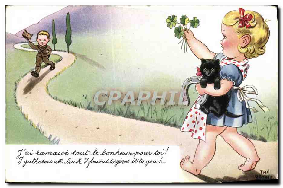 CPA Fantaisie Illustrateur Enfants Chat Fer a cheval 
