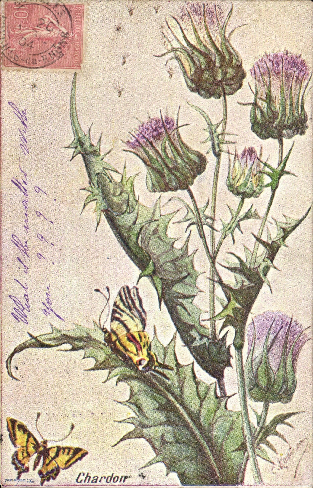 CPA Fantaisie Fleurs Chardon Papillon