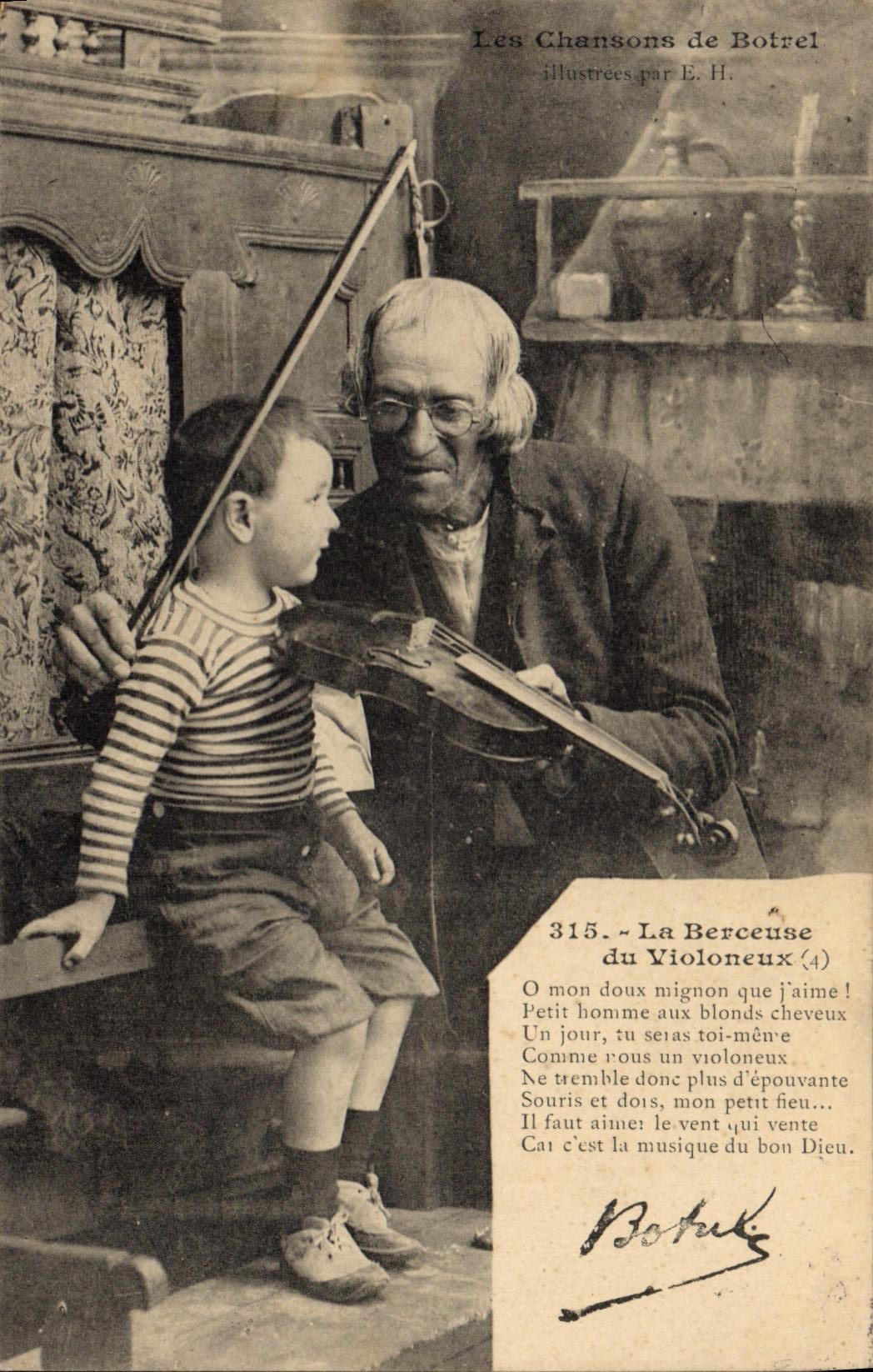 Un vieil homme et un enfant avec un violon — Les Chansons de Botrel illustrées par E. H. — n° 315
