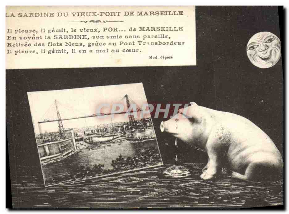 La Sardine du Vieux-Port de Marseille — poème et figurine de porc pleurant — Mod. déposé