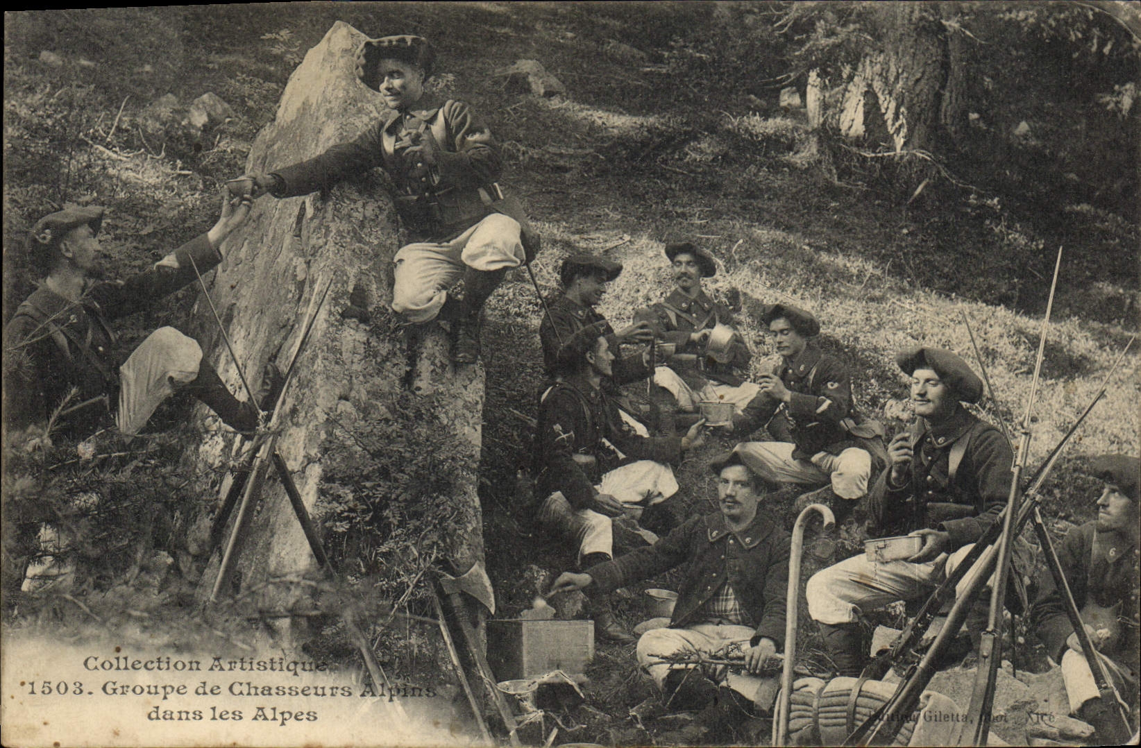 Gruppe der Alpinen Jäger in den Alpen — Künstlerische Sammlung n°1503 — Verleger Gileta, Nice
