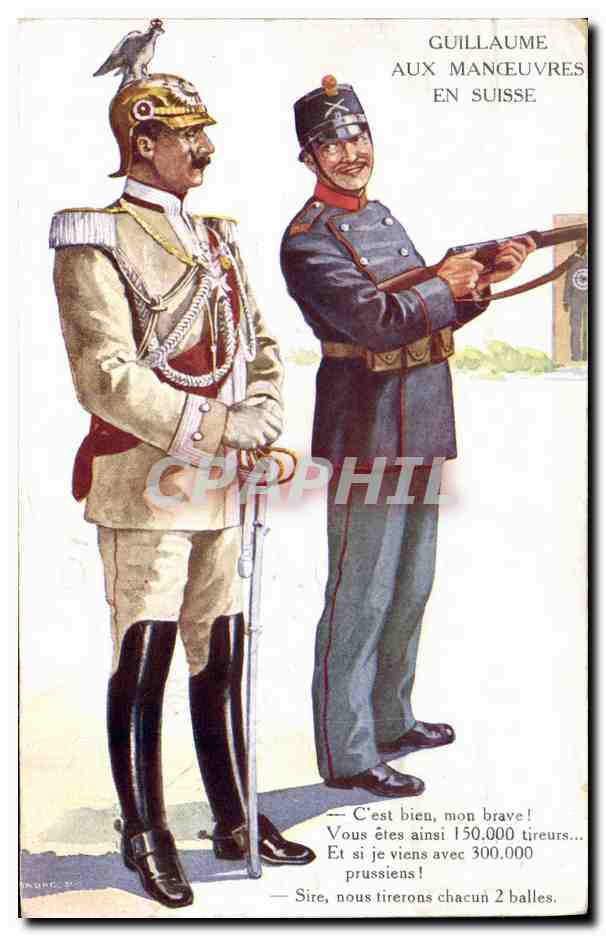 CPA Fantaisie Illustrateur Militaria Guillaume aux manoeuvres en Suisse Aigle 