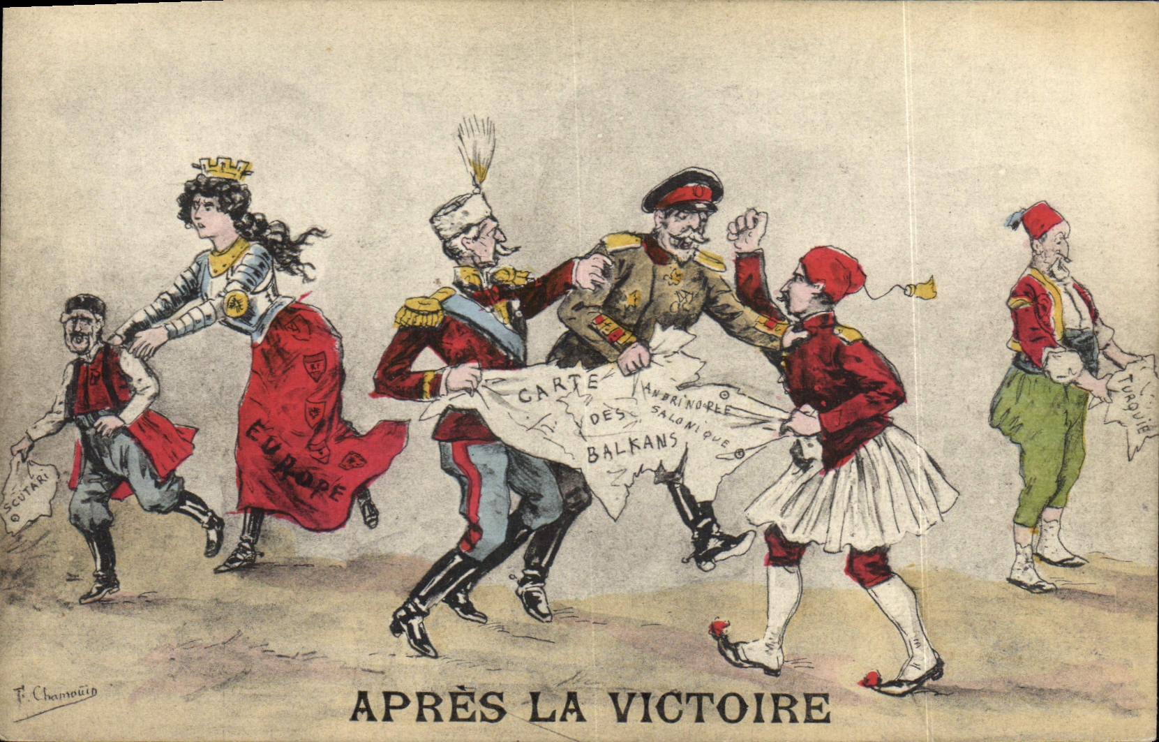 CPA Fantaisie Illustrateur Militaria Apres la victoire Carte des Balkans 