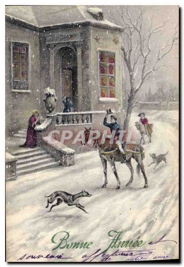 CPA Fantaisie Illustrateur Cavalier Bonne annee Cheval Chien 