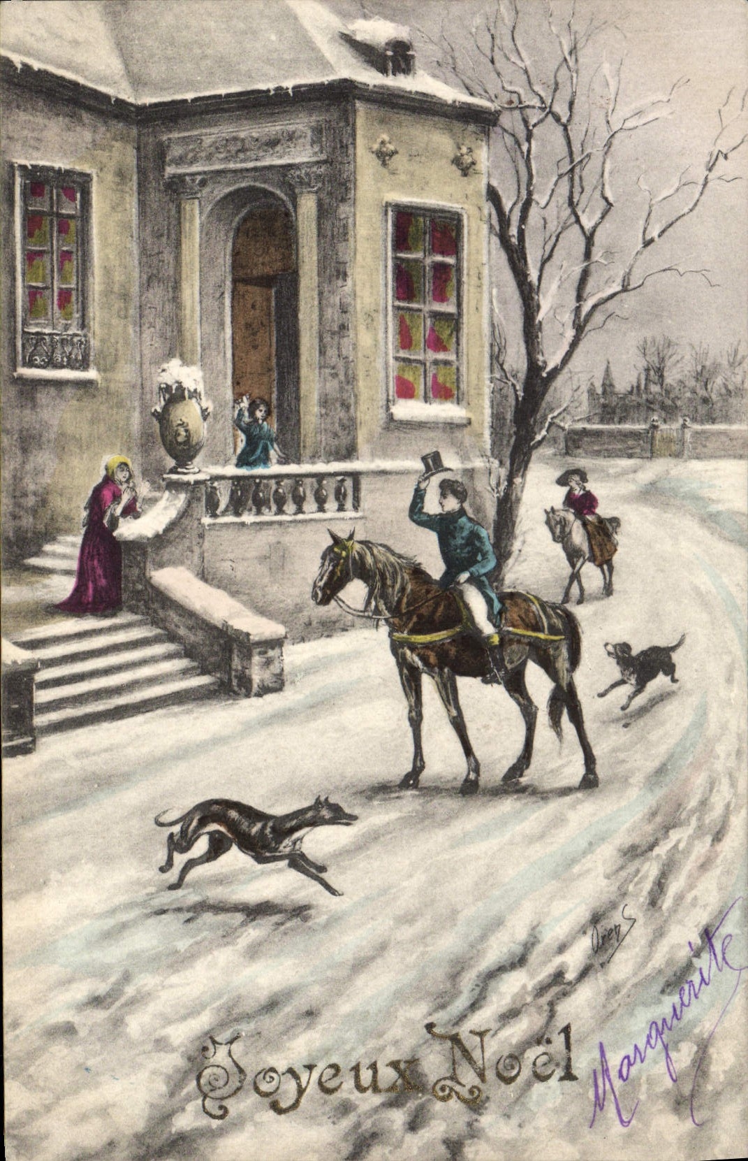 CPA Fantaisie Illustrateur Cavalier Bonne annee Cheval Chien 