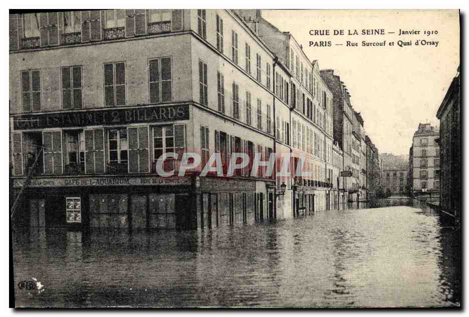 CPA Billard Crue de la Seine Janvier 1910 Paris Rue Surcouf et Quai d'Orsay Cafe Restaurant 2 Billards Cafe de l'aquarium