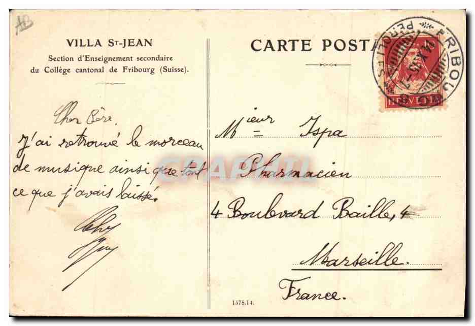 CPA Billard Ville St Jean Section d'Enseignement secondaire du College cantonal de Fribourg Suisse — Rückseite