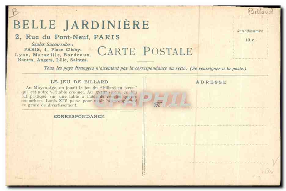 CPA Billard La partie de billard La Belle Jardiniere Paris  — Rückseite