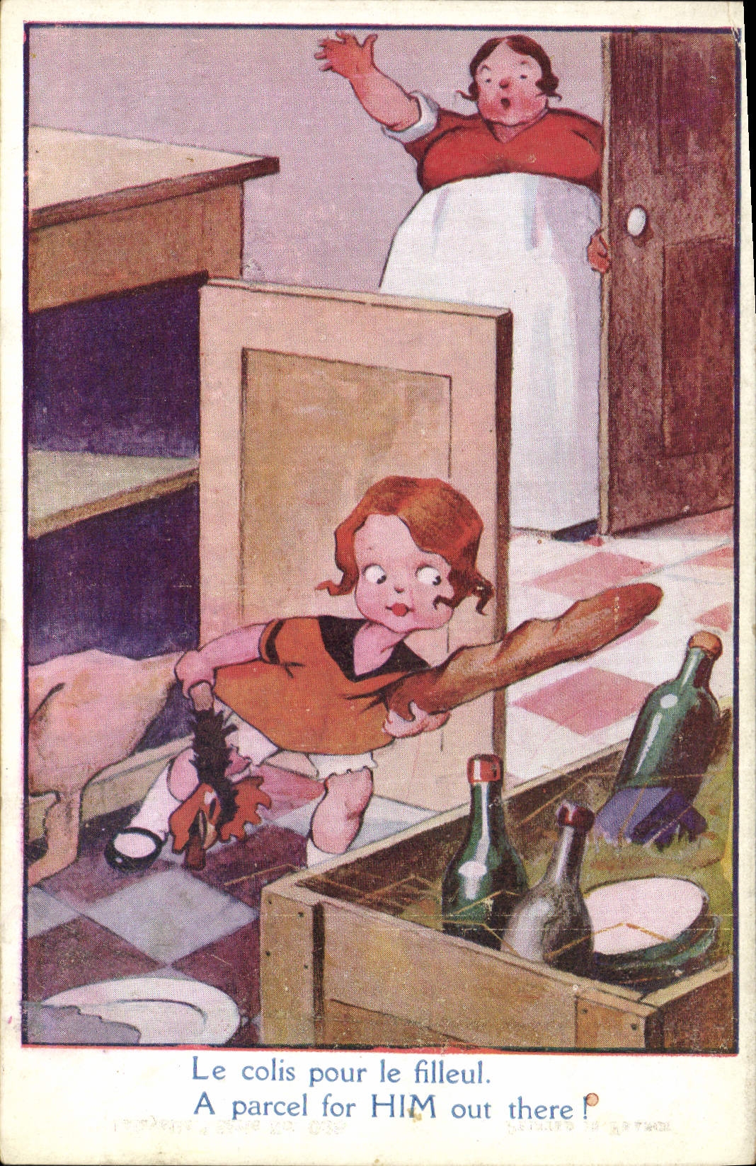 CPA Fantaisie Illustrateur Enfant Le colis pour le filleul 