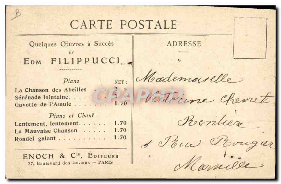CPA Filippucci La chanson des abeilles Serenade lointaine Gavotte de l'aieule  — Verso