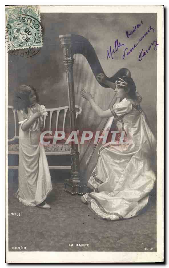 CPA Enfant Harpe Femme 
