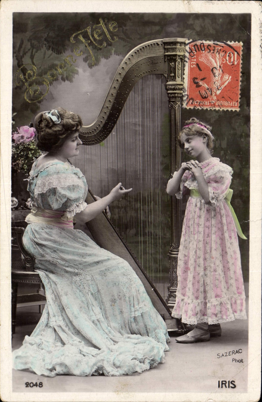 CPA Femme Enfant Harpe 