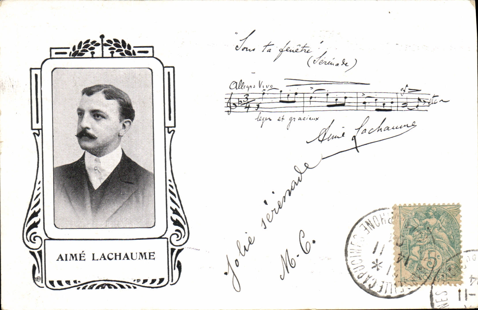 Aimé Lachame — Portrait et partition de 'Sous ta fenêtre' — Enoch & Cie, Paris