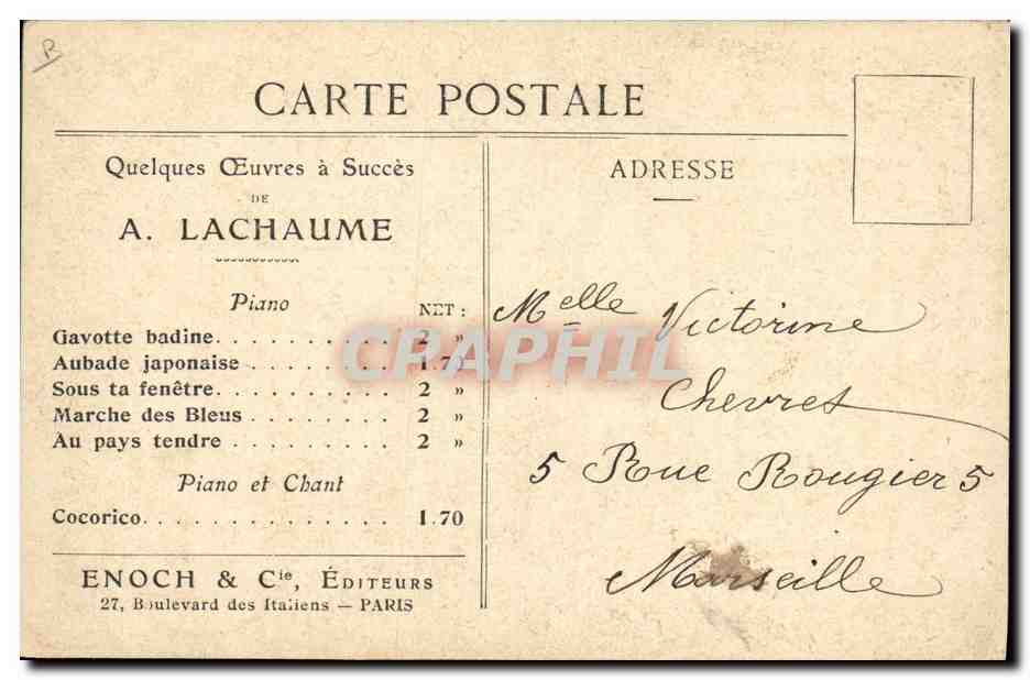 Aimé Lachame — Portrait et partition de 'Sous ta fenêtre' — Enoch & Cie, Paris — Verso
