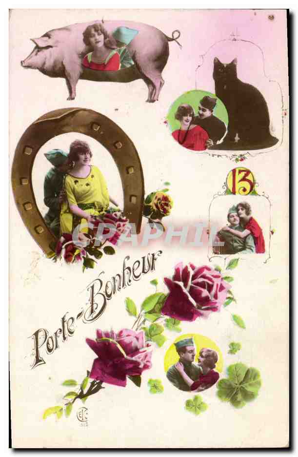 CPA Cochon Porc Chat Fleurs Femme a cheval Militaria 