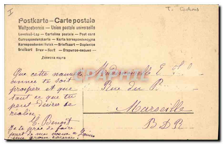 CPA Cochon Porc Femme Fer a cheval  — Verso