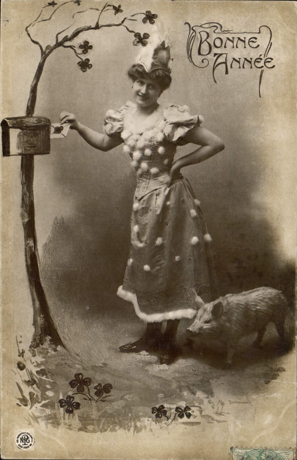 CPA Cochon Porc Femme Bonne annee 