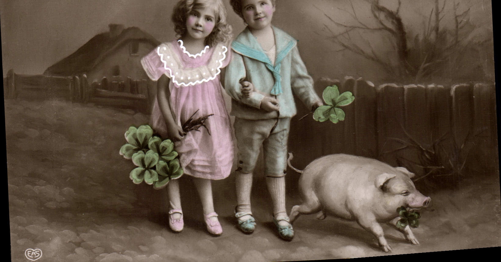 CPA Cochon Porc Enfants Trefles Bonne annee 