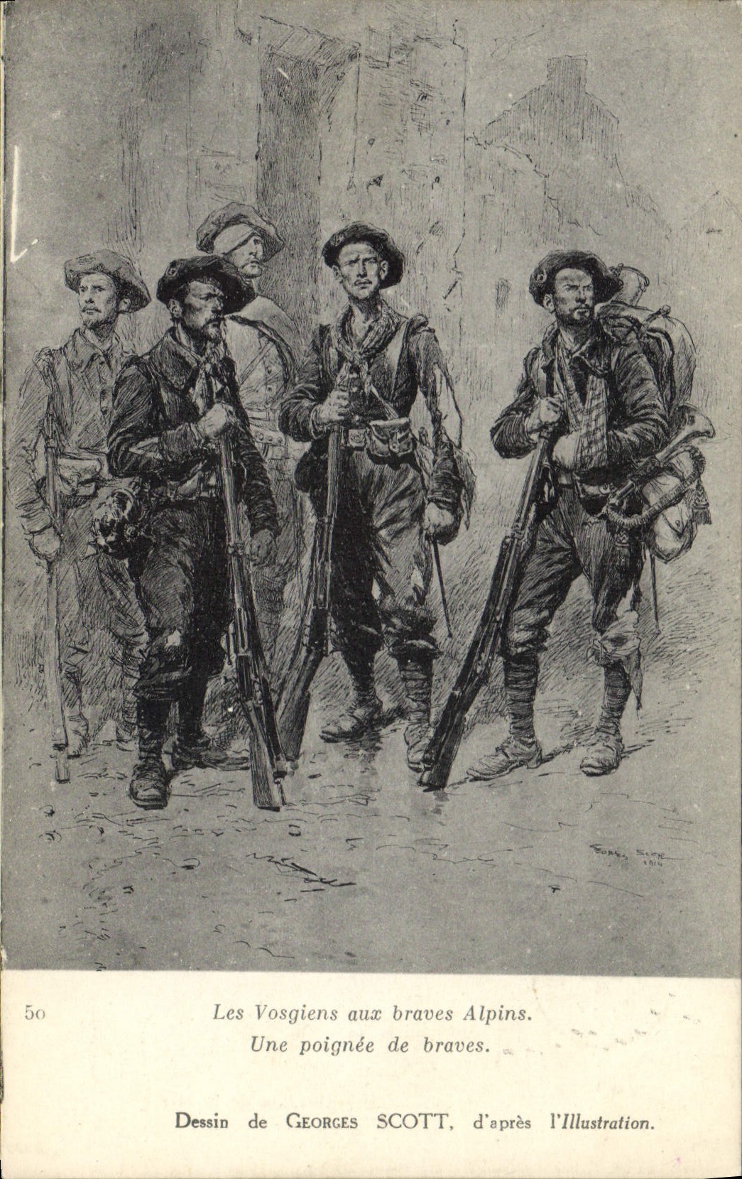 Les Vosgiens aux braves Alpins — Une poignée de braves — Dessin de Georges Scott, d'après l'Illustration, n°50