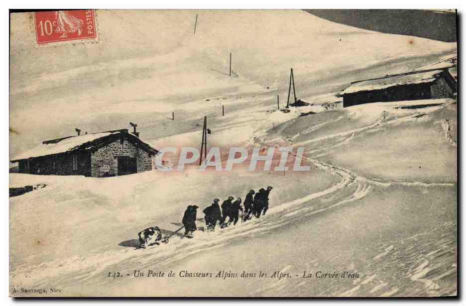 Un Poste de Chasseurs Alpins dans les Alpes — La Corvée d'eau — Sauvagno, Nîmes