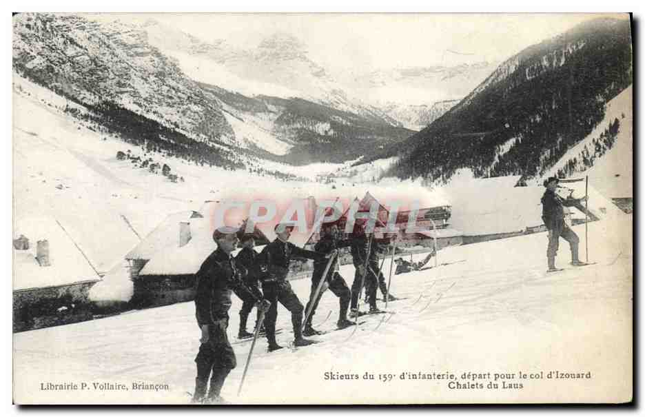 Skiieurs du 159e d'infanterie — départ pour le col d'Izouard — Librairie P. Voltaire, Briançon