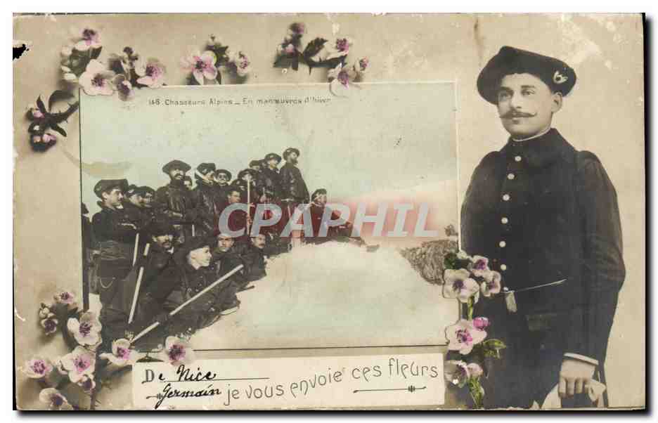 CPA Militaria Chasseurs alpins En manoeuvres d'hiver Nice 