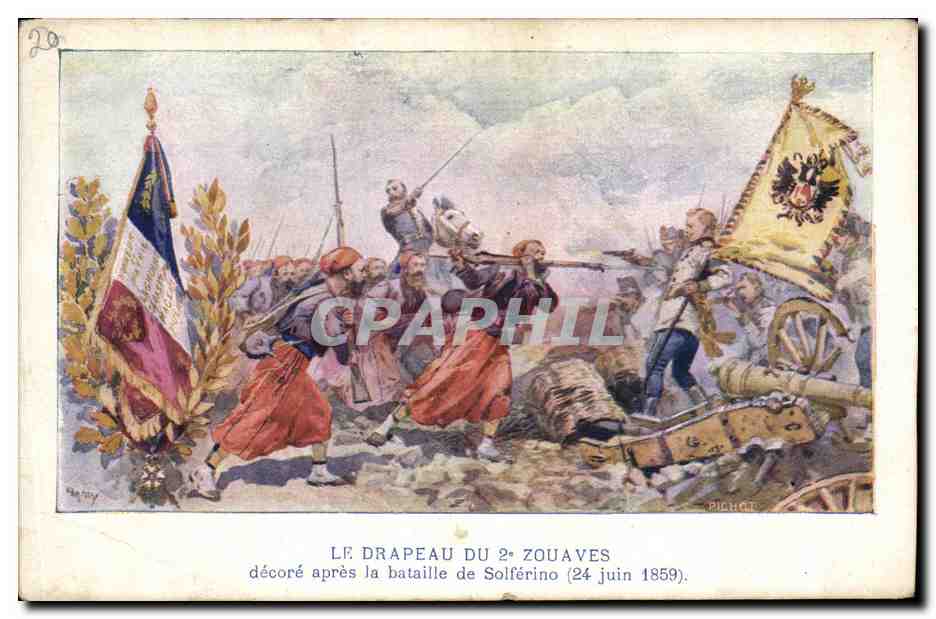 CPA Militaria Le drapeau du 2eme Zouaves decore apres la bataille de Solferino 