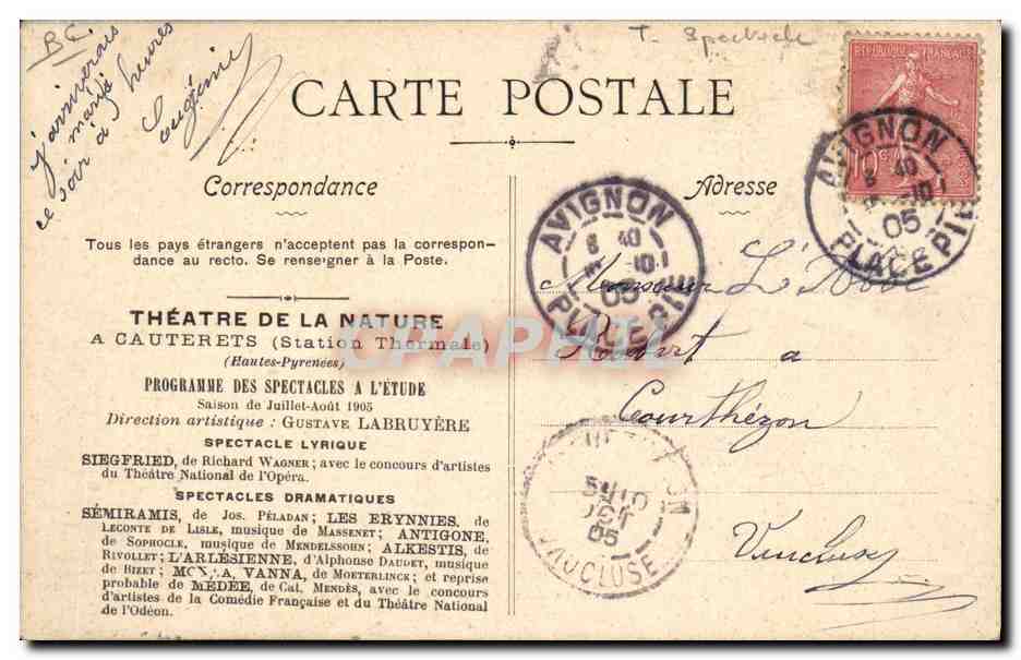 Cauterets — Théâtre de la Nature — Les Phéniciennes, avec le concours de M. Mouquet-Sully et Mme Segond-Weber — Verso