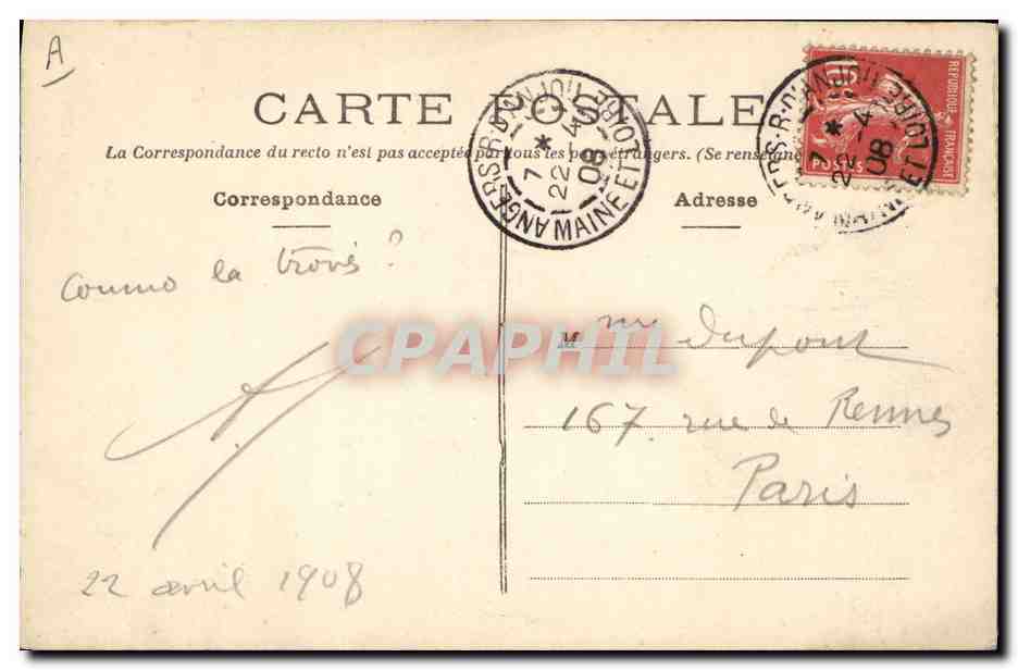 CPA Folklore Coiffe d'Anjou  — Verso
