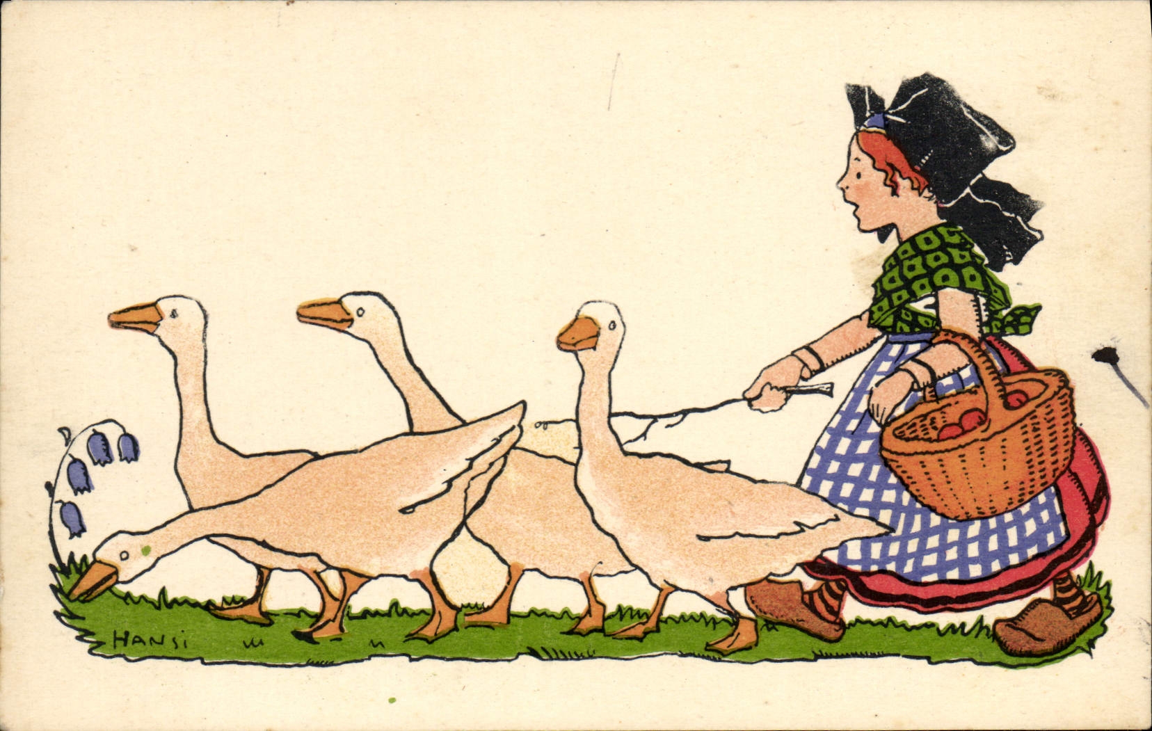 CPA Fantaisie Illustrateur Hansi Alsace Enfant Oies