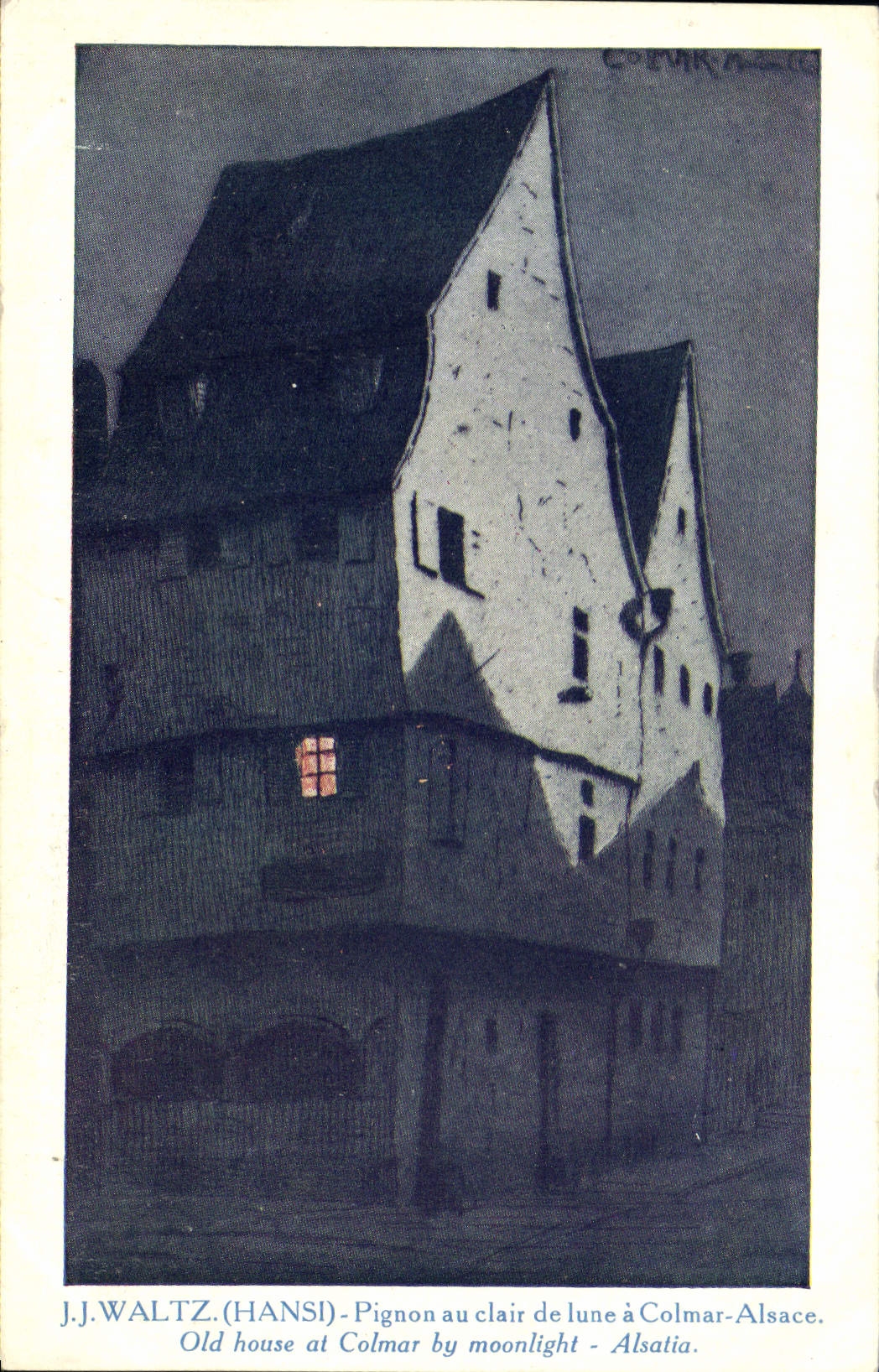 CPA Fantaisie Illustrateur Hansi Alsace Pignon au clair de lune a Colmar Alsace 