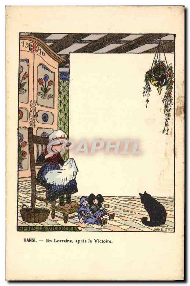 CPA Fantaisie Illustrateur Hansi Alsace En Lorraine apres la victoire Chat poupee Alsace Militaria