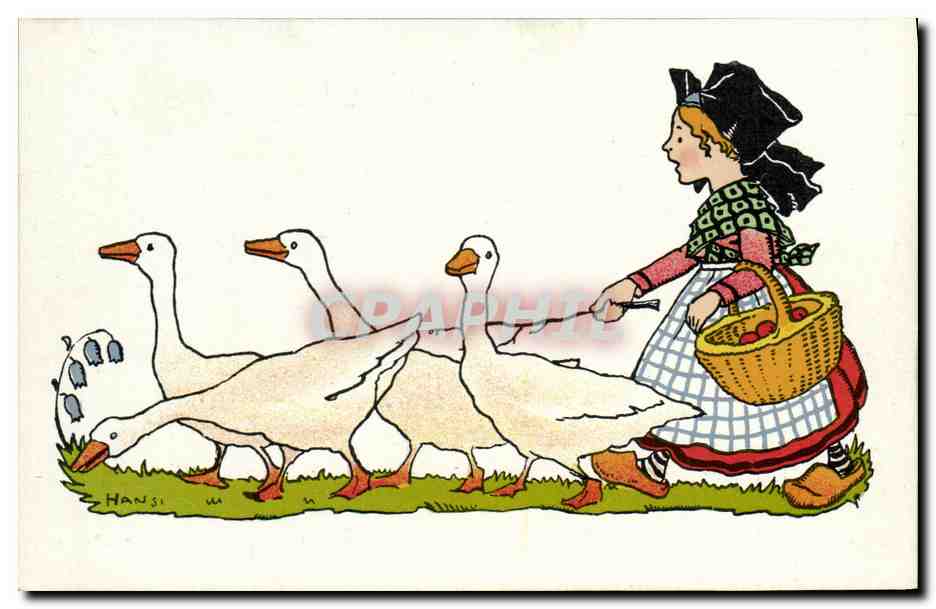 CPA Fantaisie Illustrateur Hansi Alsace Enfant Oies