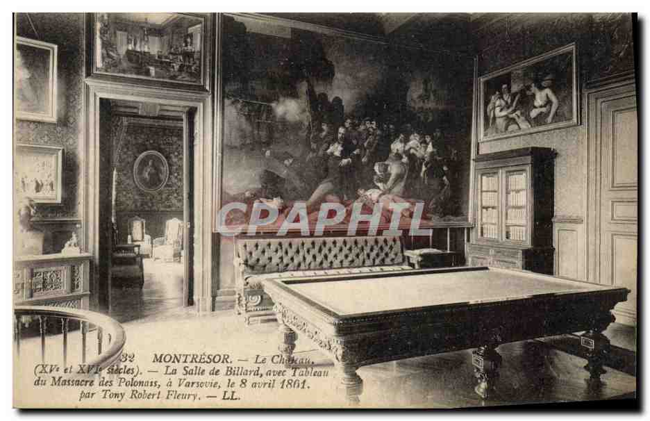 CPA Billard Montresor Le chateay la salle de billard tableau du massacre des polonais a Varsovie