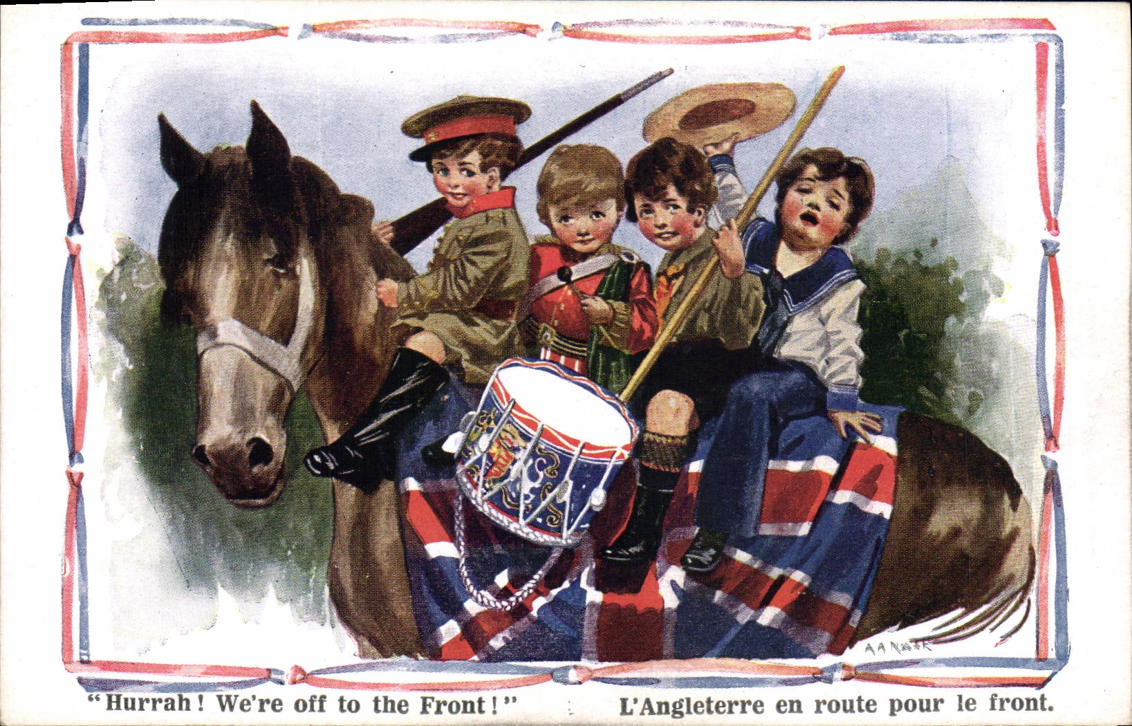 CPA Fantaisie Illustrateur Enfants cheval Militaria