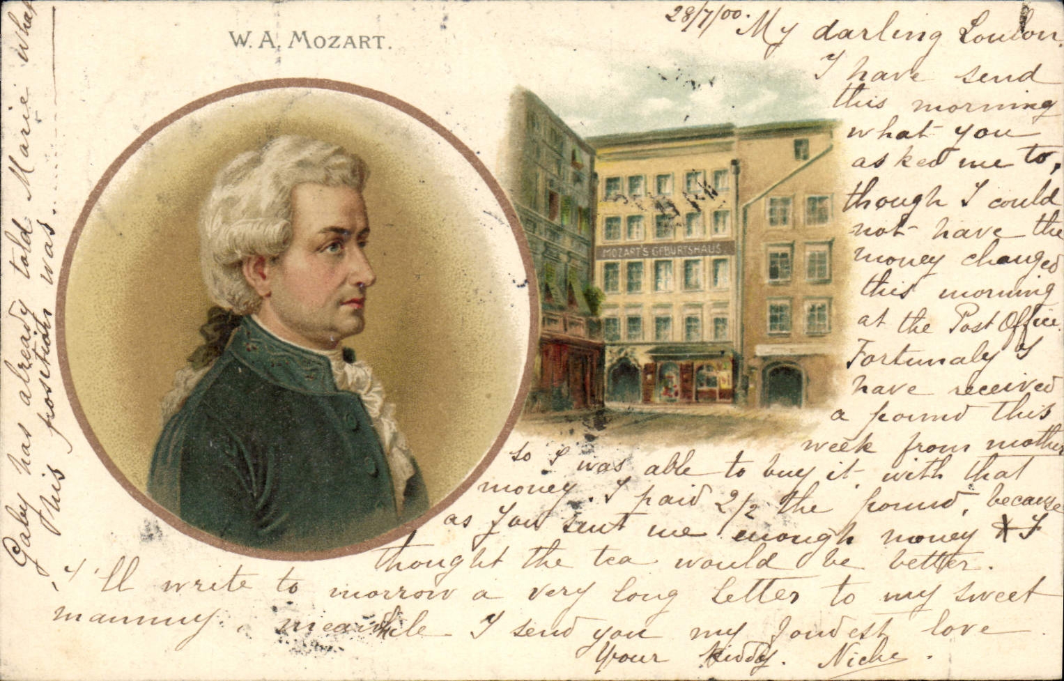 W.A. Mozart — Portrait et bâtiment Mozart's Courthouse — éditeur inconnu