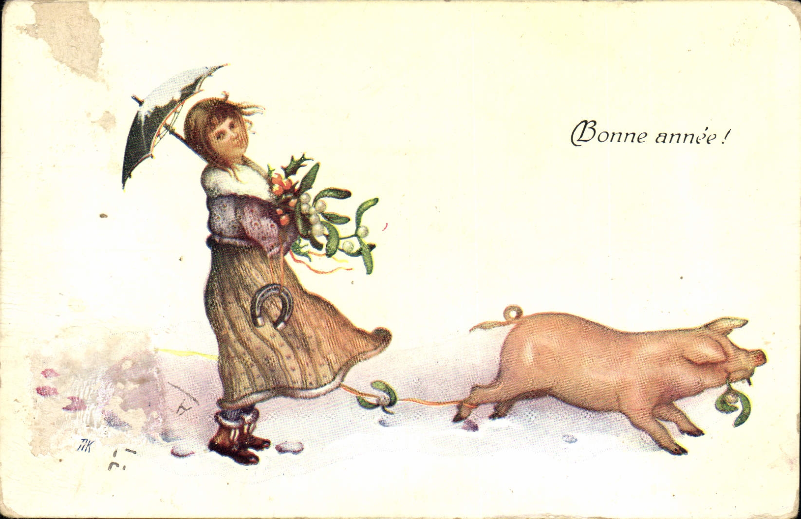 CPA Cochon Porc Enfant Fer a cheval 