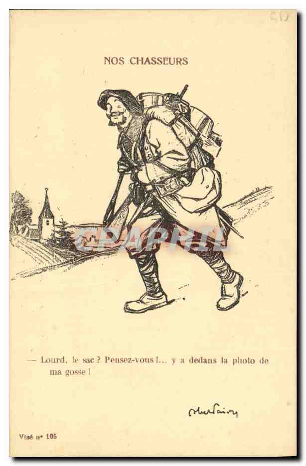 Nos Chasseurs — caricature de soldat avec sac — Musfairy, n° 195