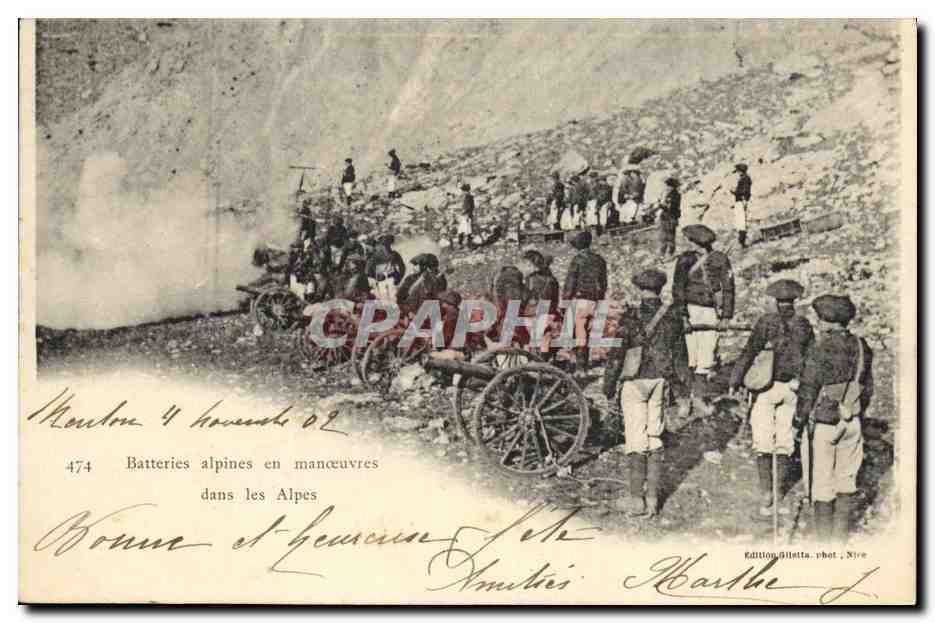 CPA Militaria Chasseurs alpins Batteries alpines en manoeuvres dans les Alpes