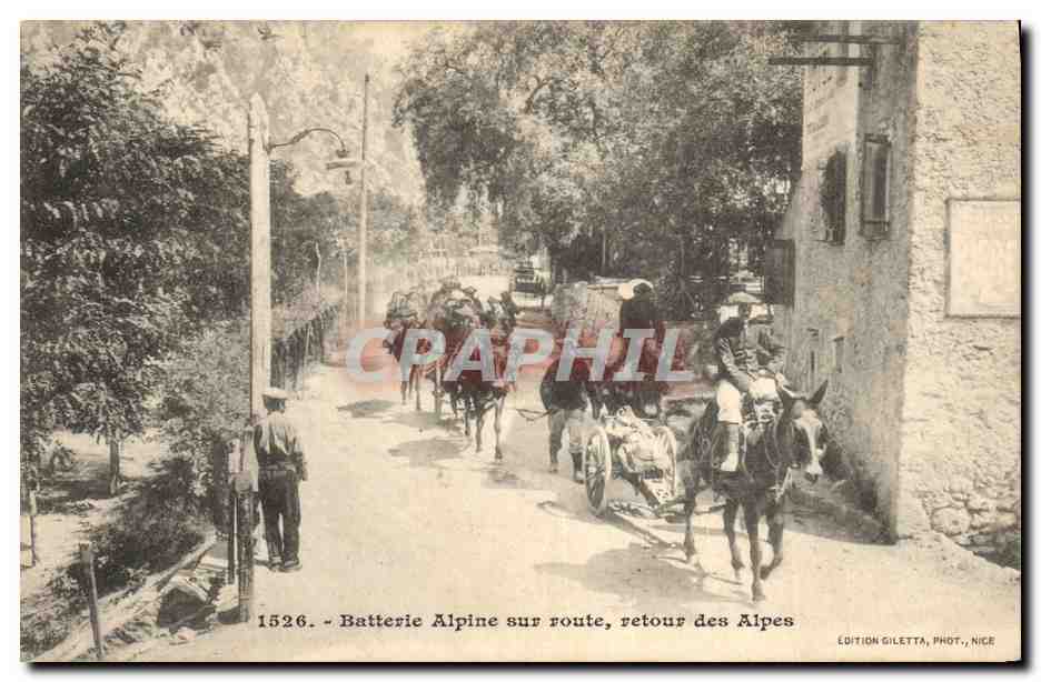 Batterie Alpine sur route, retour des Alpes — Édition Giletta, Phot., Nice, n° 1526
