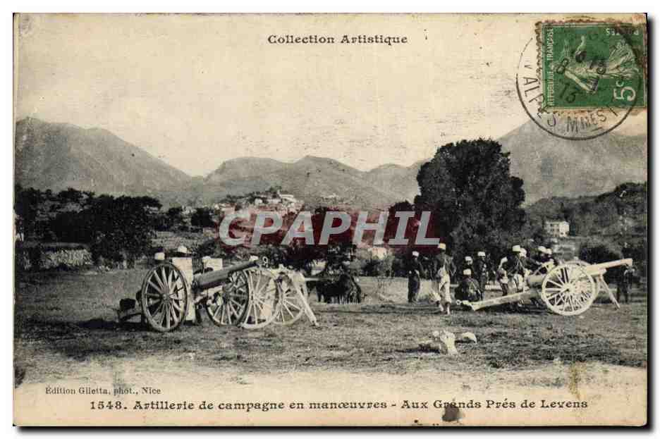 Artillerie de campagne en manœuvres — Aux Grands Prés de Levens — Édition Gilletta, phot., Nice