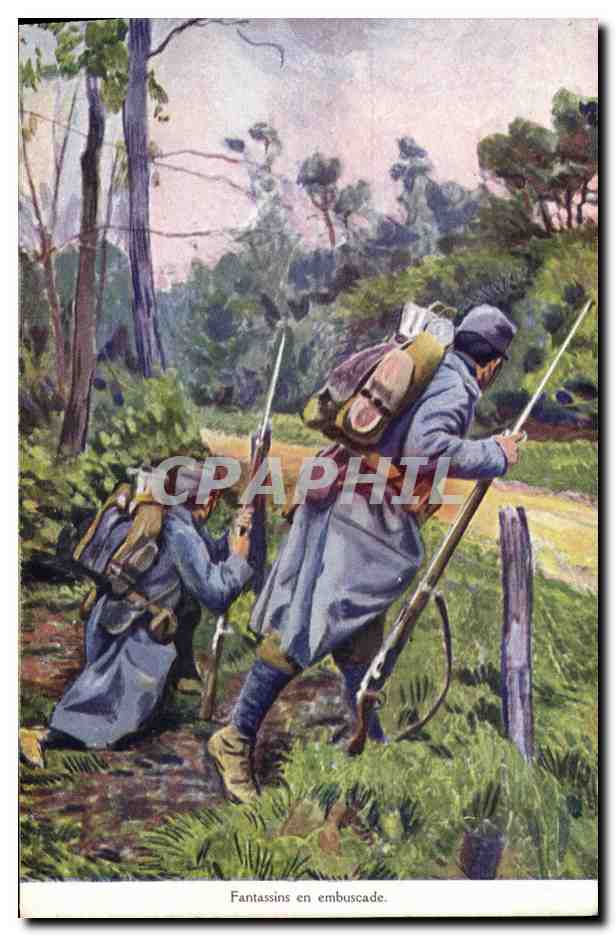 CPA Militaria Fantassins en embuscade Publicite Gouttes des colonies Chandron Paris Rue Vivienne 