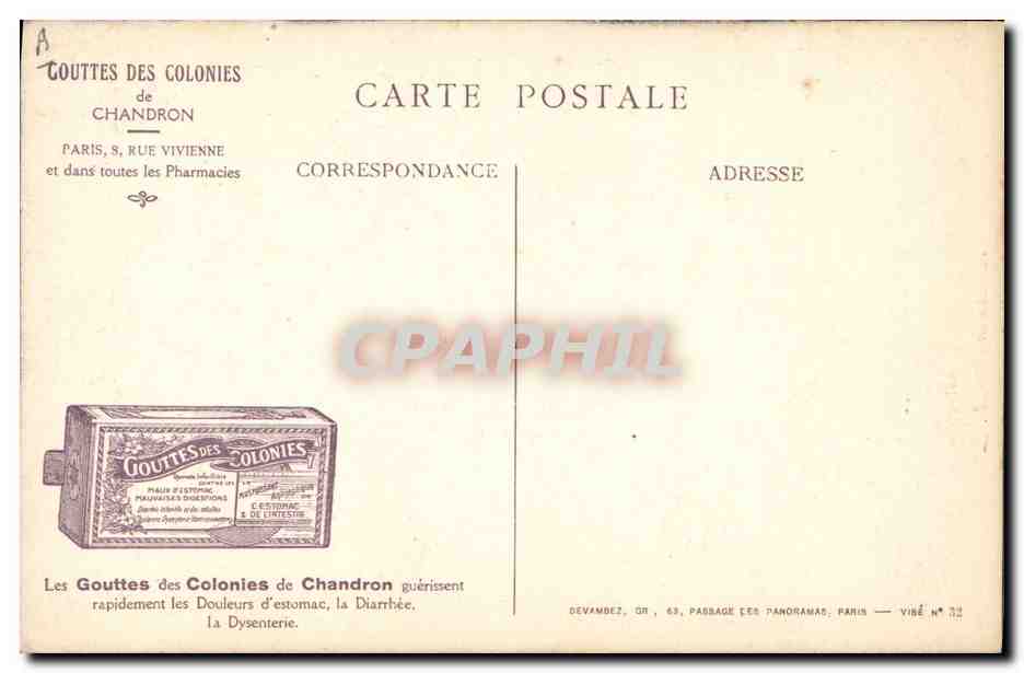 CPA Militaria Fantassins en embuscade Publicite Gouttes des colonies Chandron Paris Rue Vivienne  — Rückseite